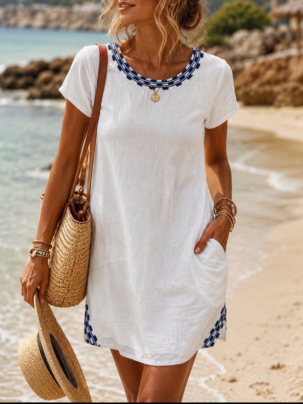 Kenar Linen blend Dress with Embroidered Trim